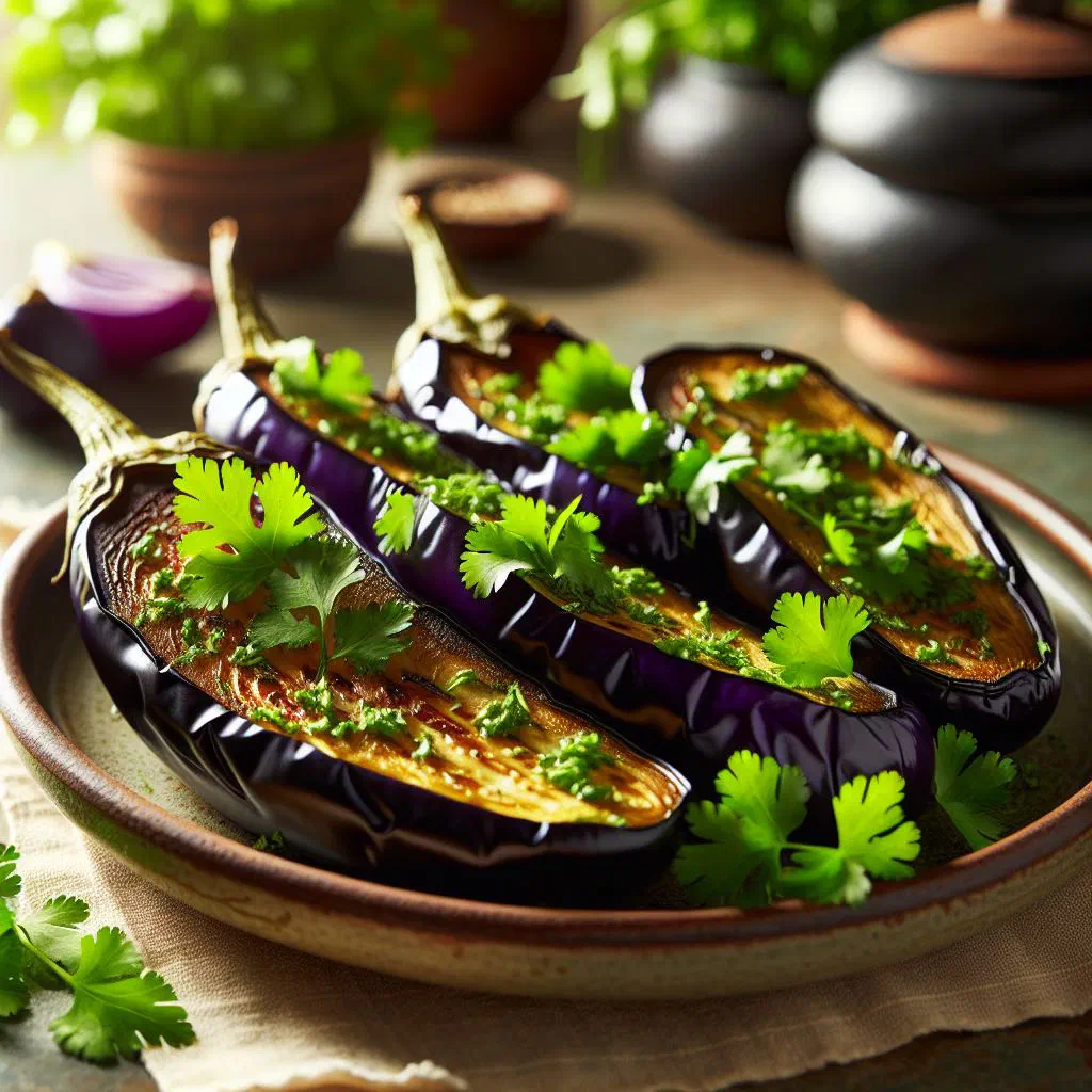 Baked aubergine slices topped with fresh coriander and garlic