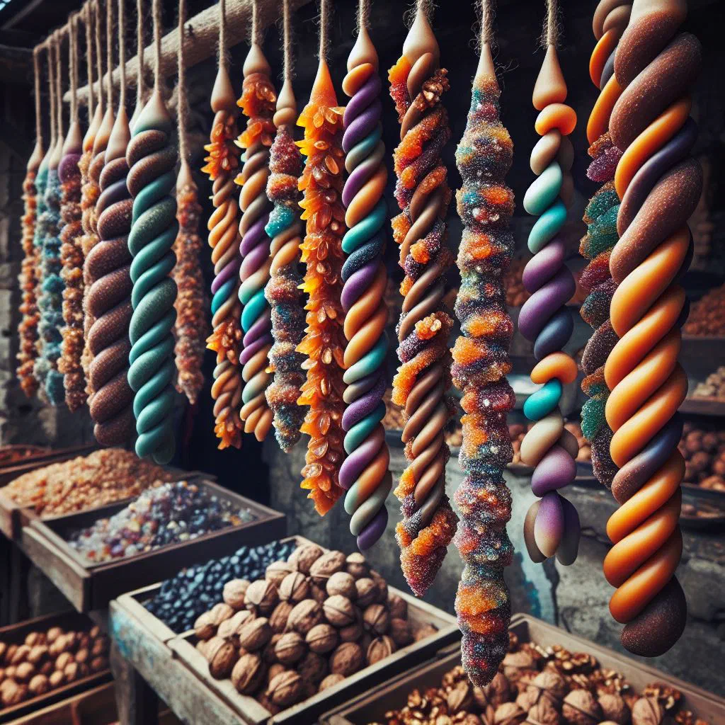 Strings of churchkhela hanging to dry, coated in thickened grape juice