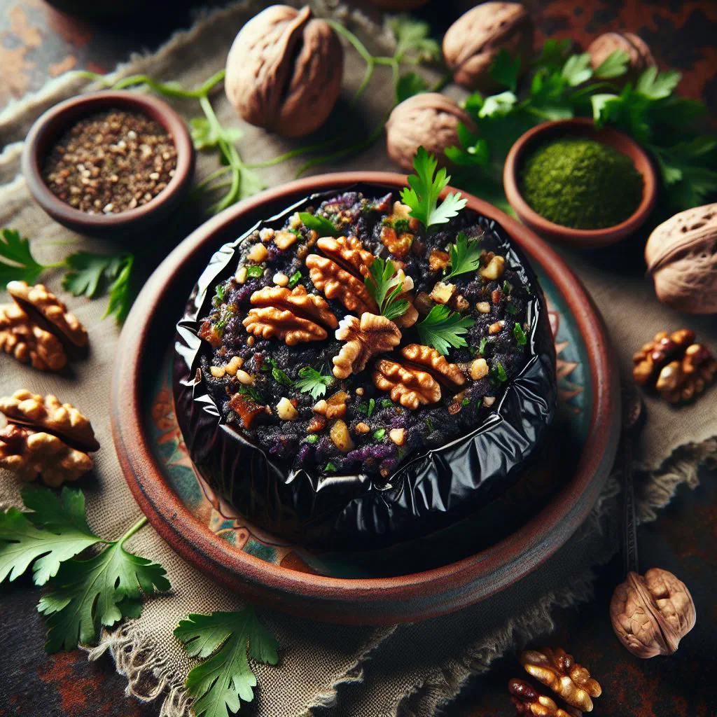 Grilled aubergine halves filled with a walnut and garlic mixture, garnished with fresh herbs