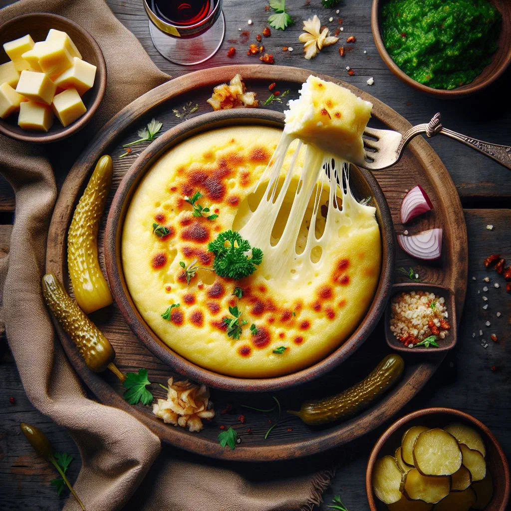 Creamy Georgian elarji made from cornmeal with stretchy melted cheese