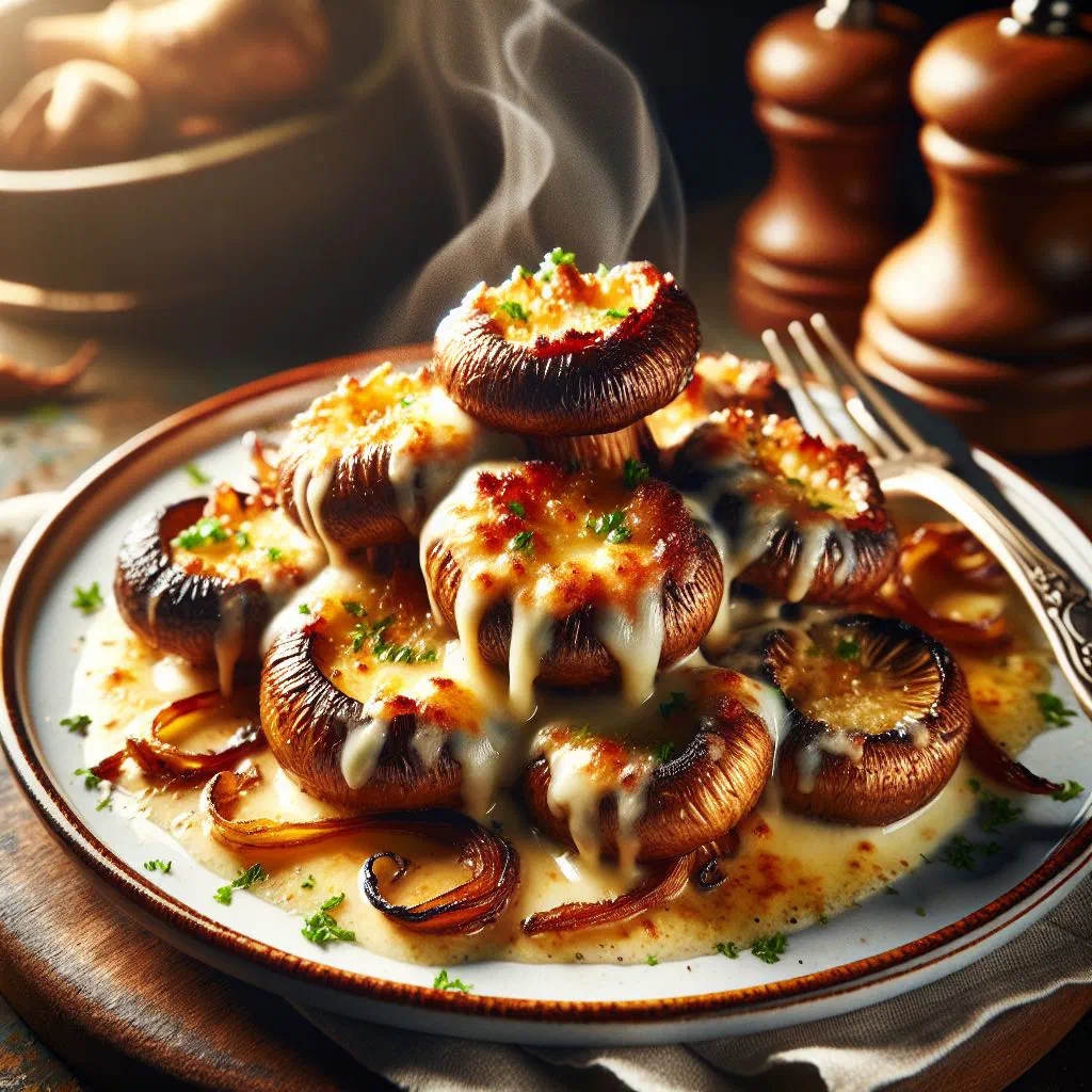 Golden fried mushrooms topped with melting cheese and fresh herbs