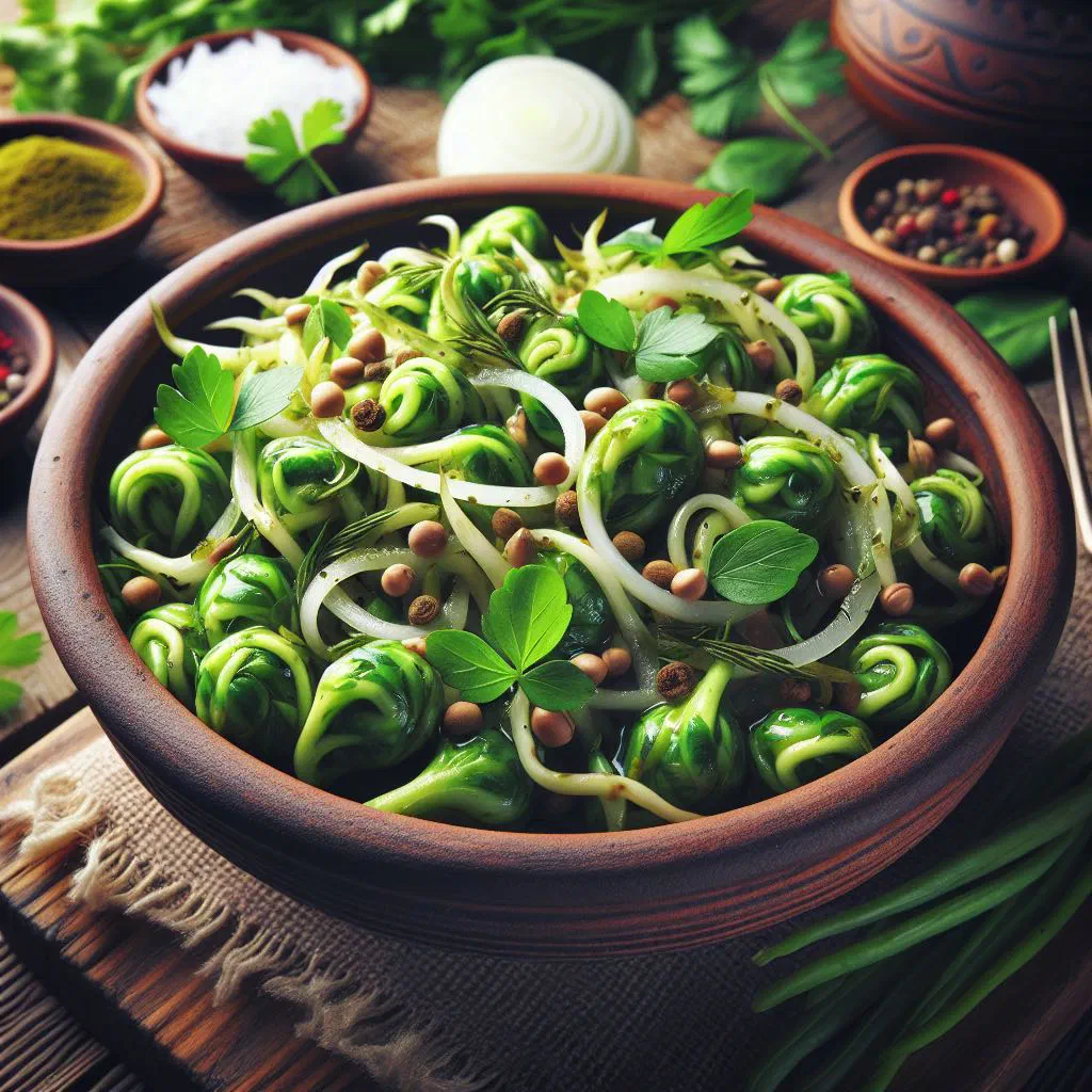 Georgian jonjoli salad with pickled blossoms, walnuts and fresh herbs