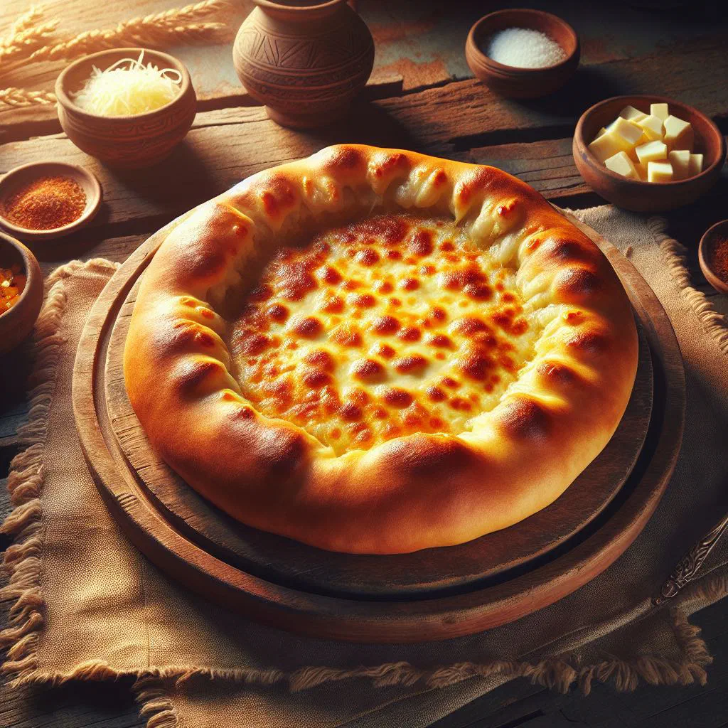Golden Megrelian cheese bread topped with melted sulguni, cut into wedges