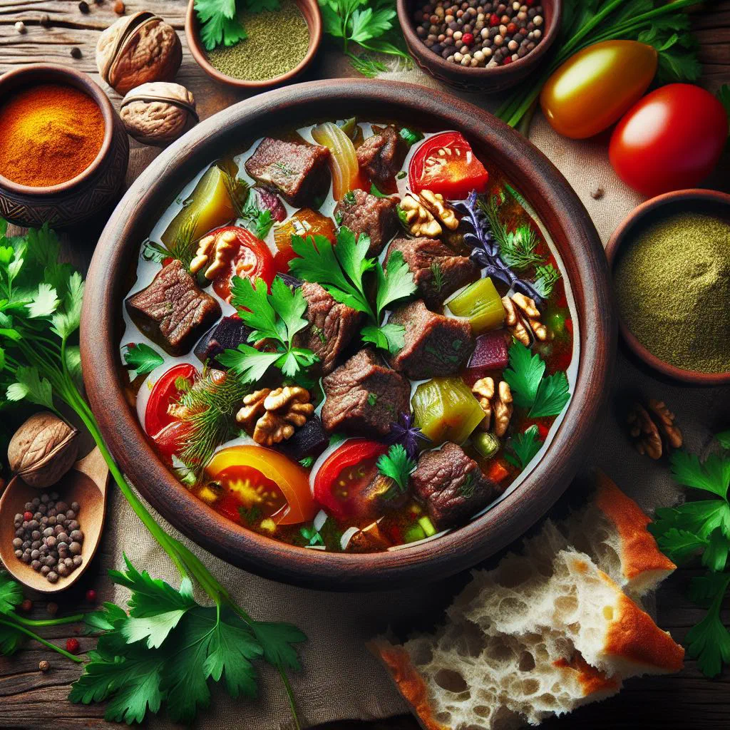 Bowl of Georgian karcho with tender beef and fresh herbs