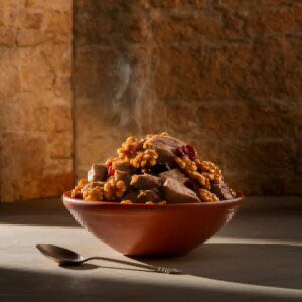 Georgian kaurma stew with tender beef, peppers and fresh herbs
