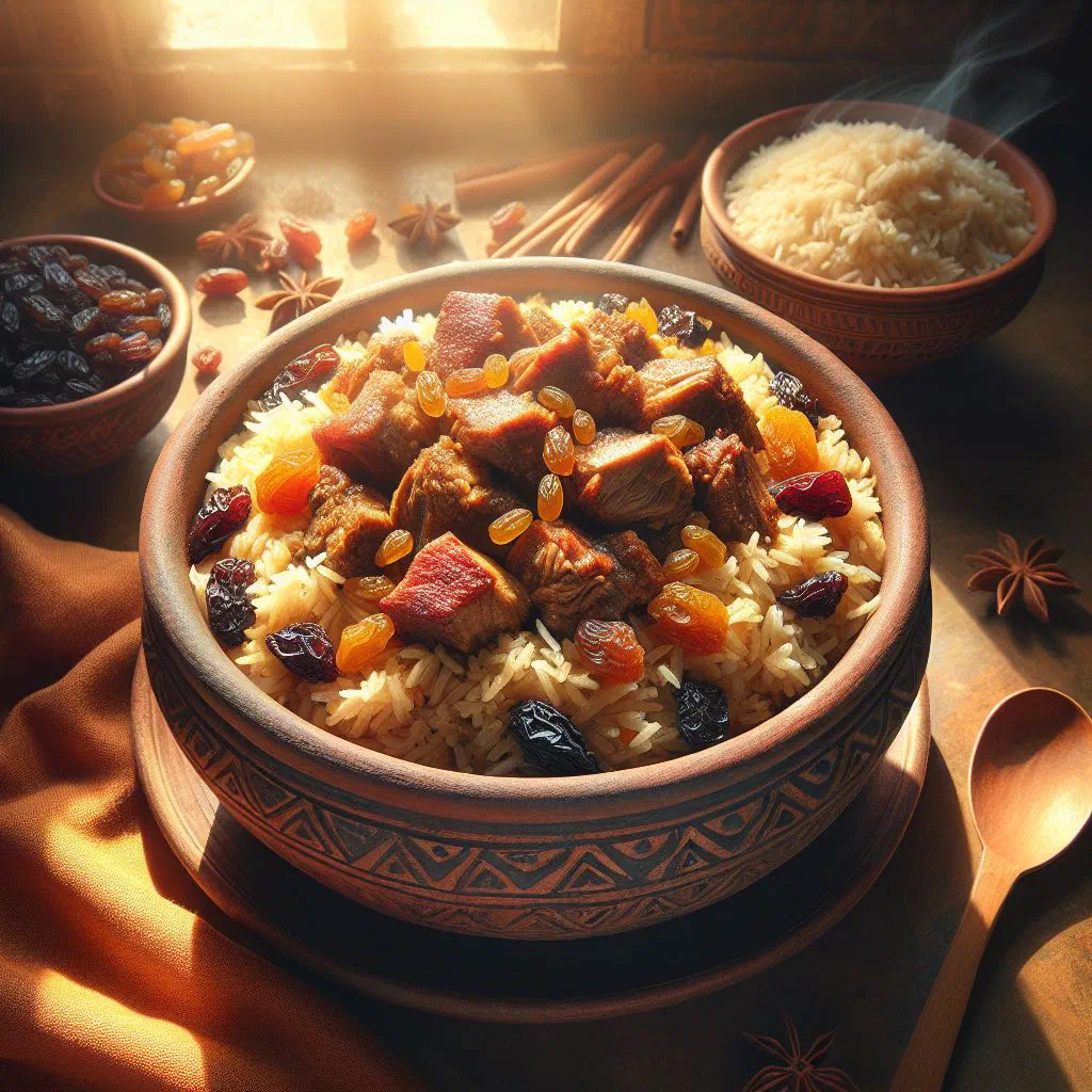 Ketsi pilaf with rice, tender meat and fresh herbs in a clay ketsi pot