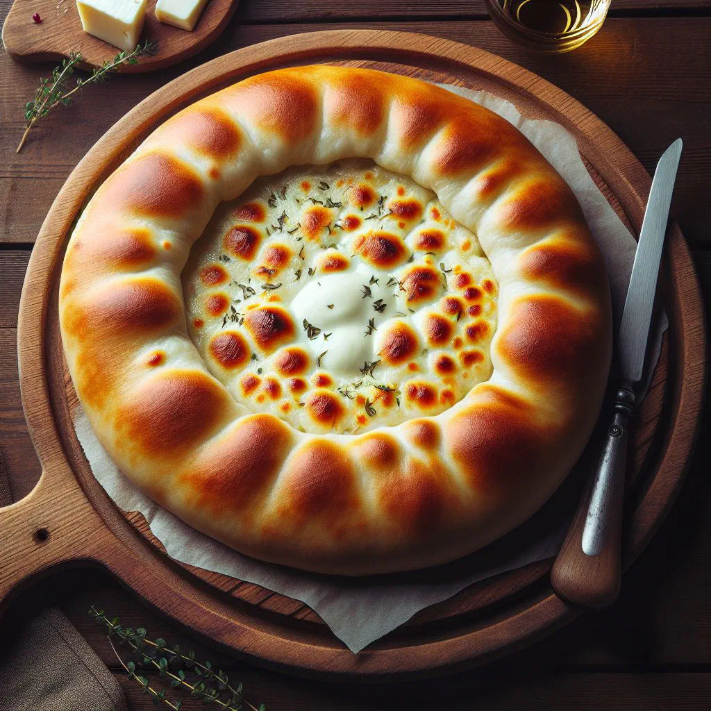 Round Georgian cheese bread khachapuri imeruli, freshly baked and golden