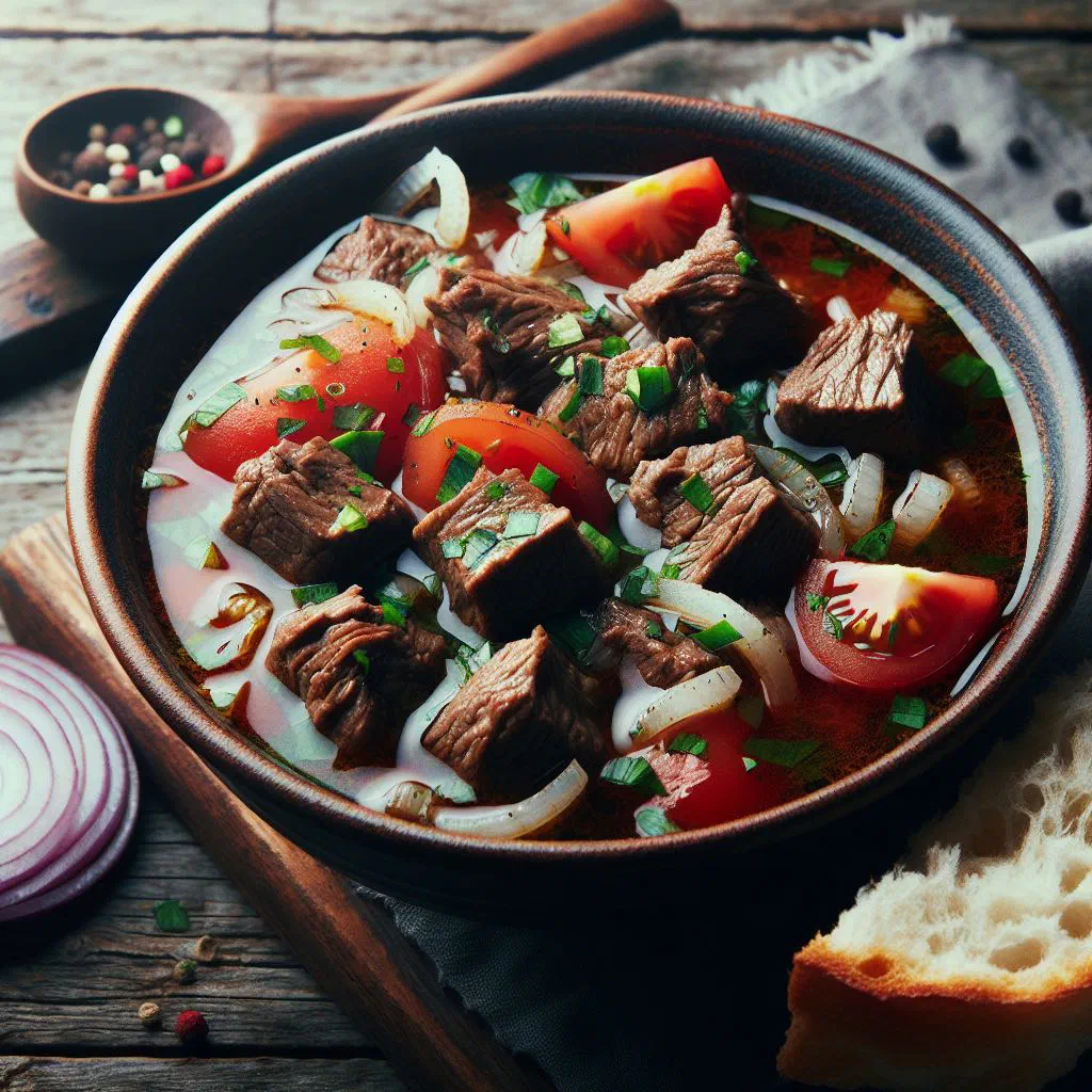 Bowl of Georgian kharcho beef and rice soup topped with fresh coriander