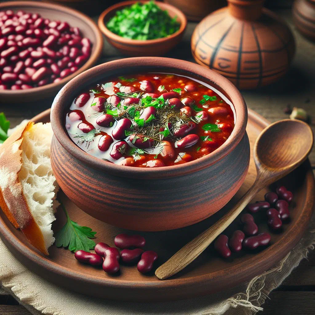 Georgian kidney bean stew in a rustic bowl topped with fresh coriander