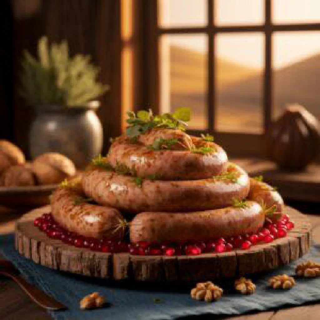 Grilled Georgian kupati sausages on a wooden board with fresh herbs