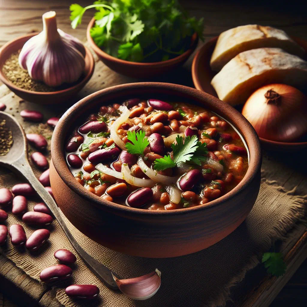 Georgian lenten lobio, a bowl of spiced beans topped with fresh coriander