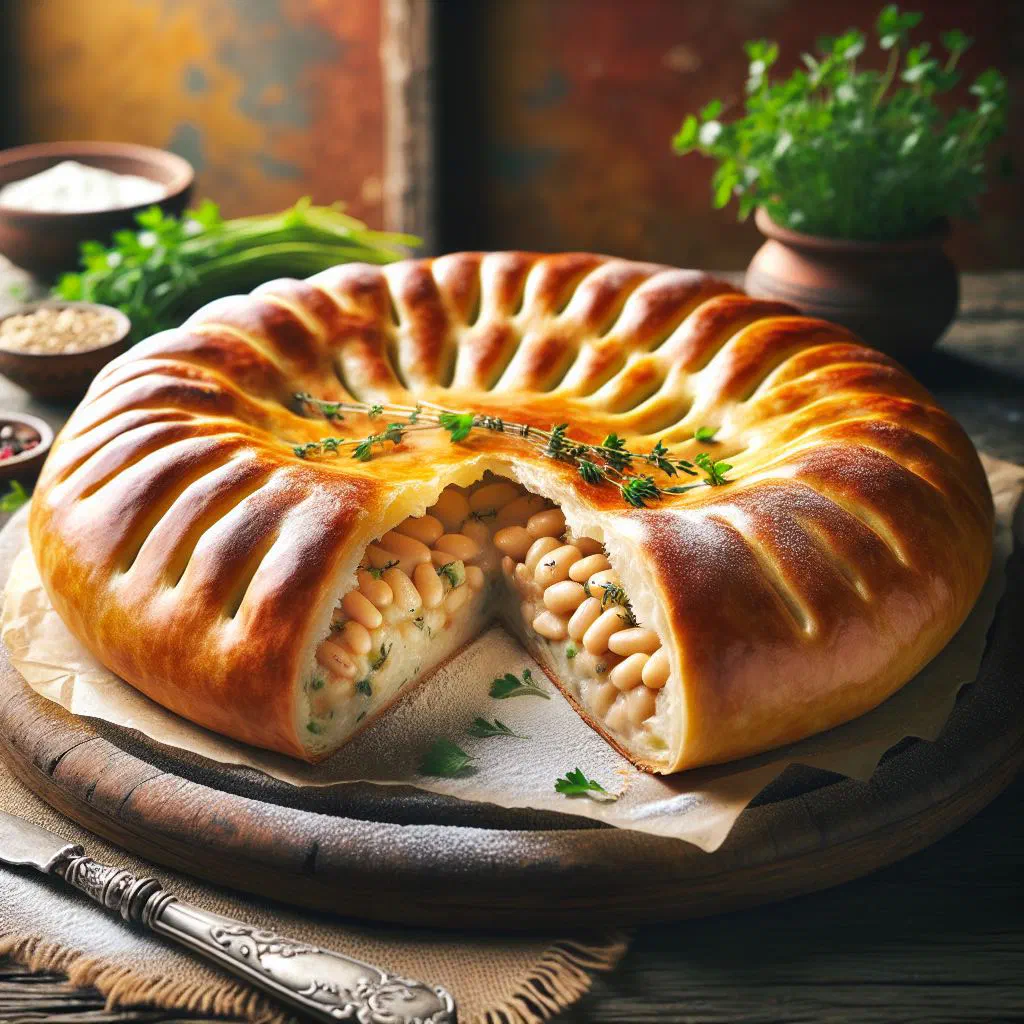 Golden Georgian lobiani bean bread cut into wedges