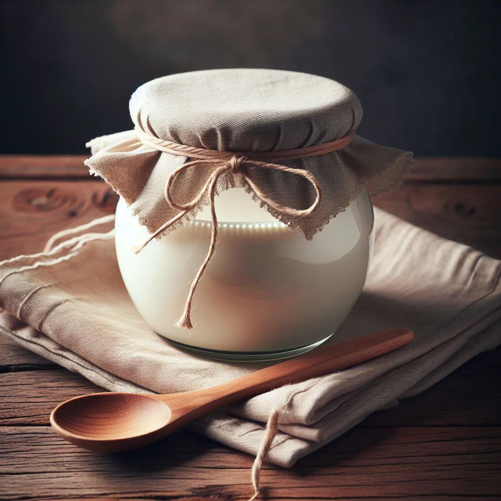 Bowl of creamy Georgian matsoni yoghurt topped with fresh herbs