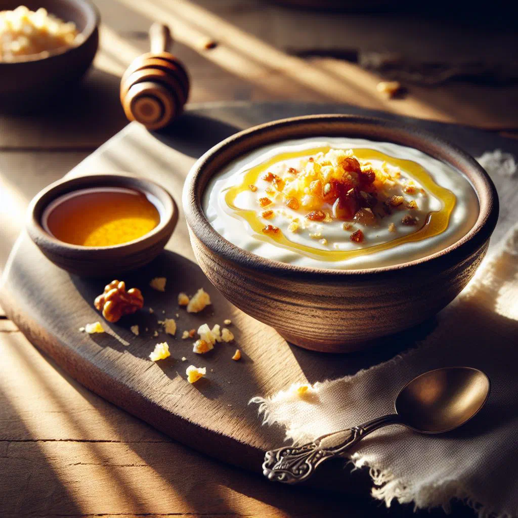 Bowl of creamy Georgian matsoni yoghurt drizzled with honey and topped with chopped walnuts