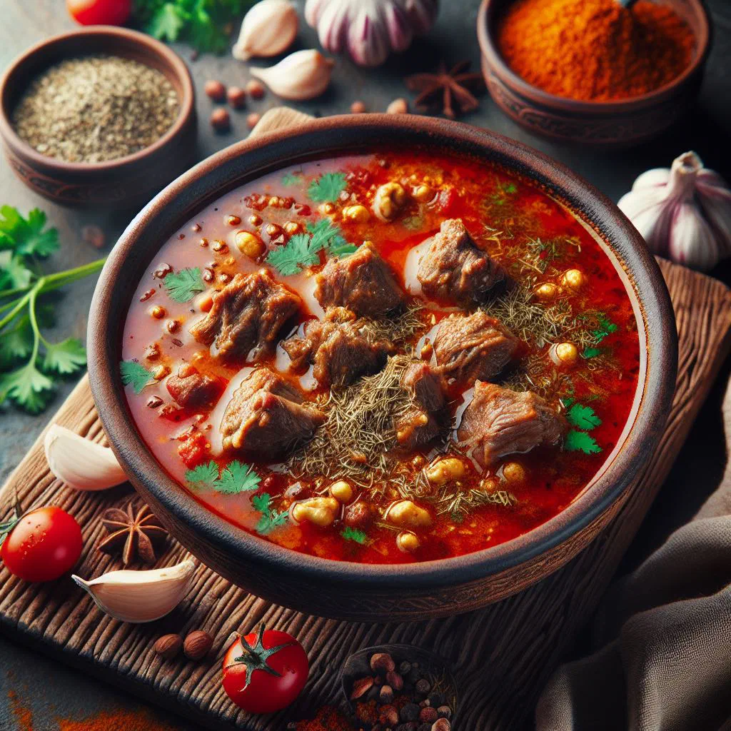 Bowl of Megrelian kharcho beef and tomato soup with fresh herbs