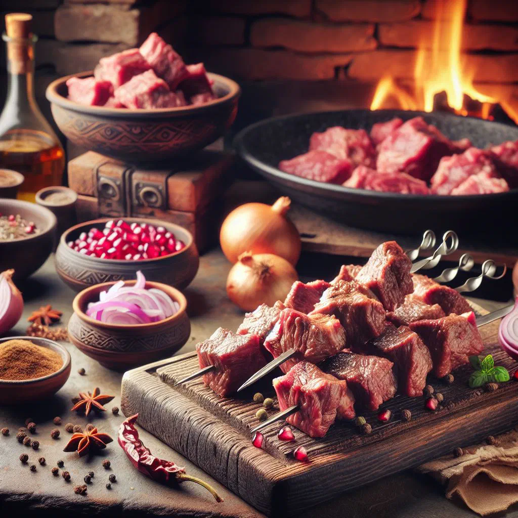 Grilled Georgian mtsvadi skewers with herbs and onion