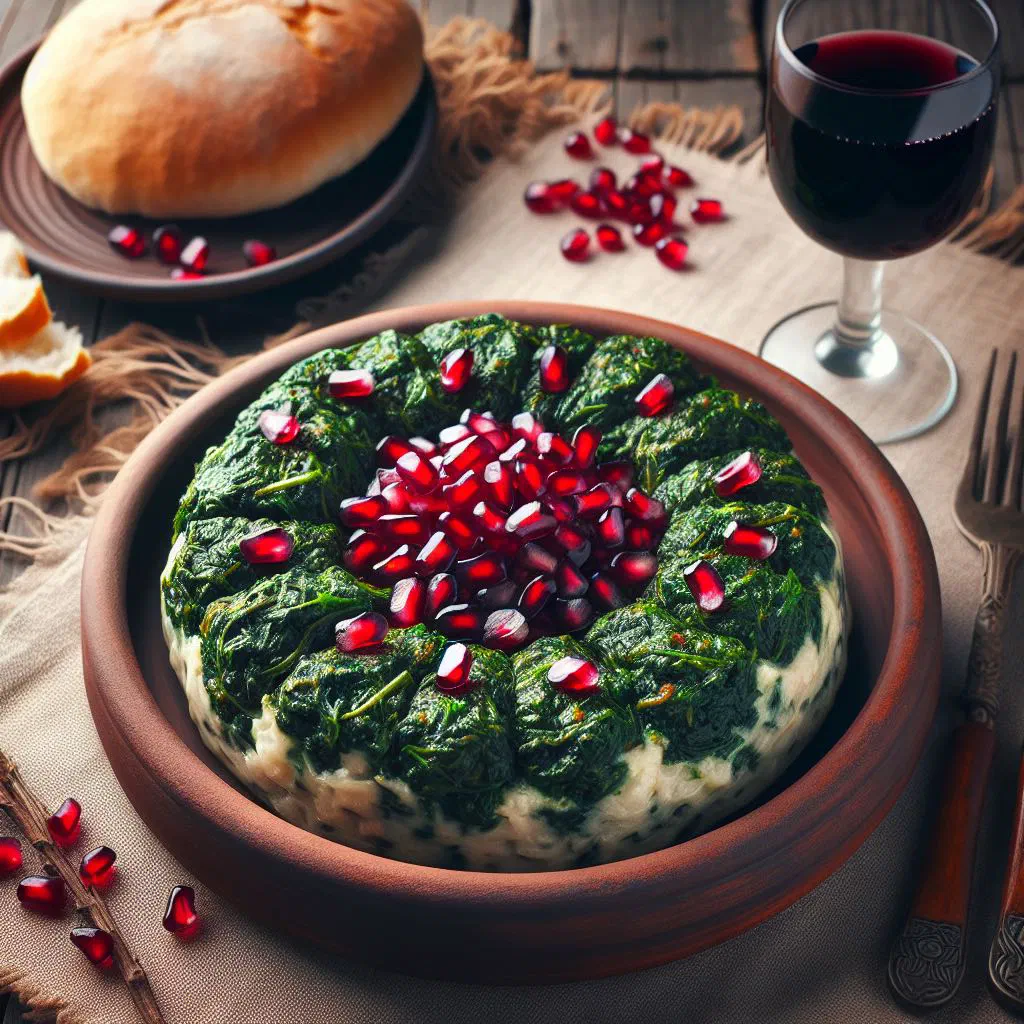Small green spinach pkhali balls topped with walnuts and fresh herbs