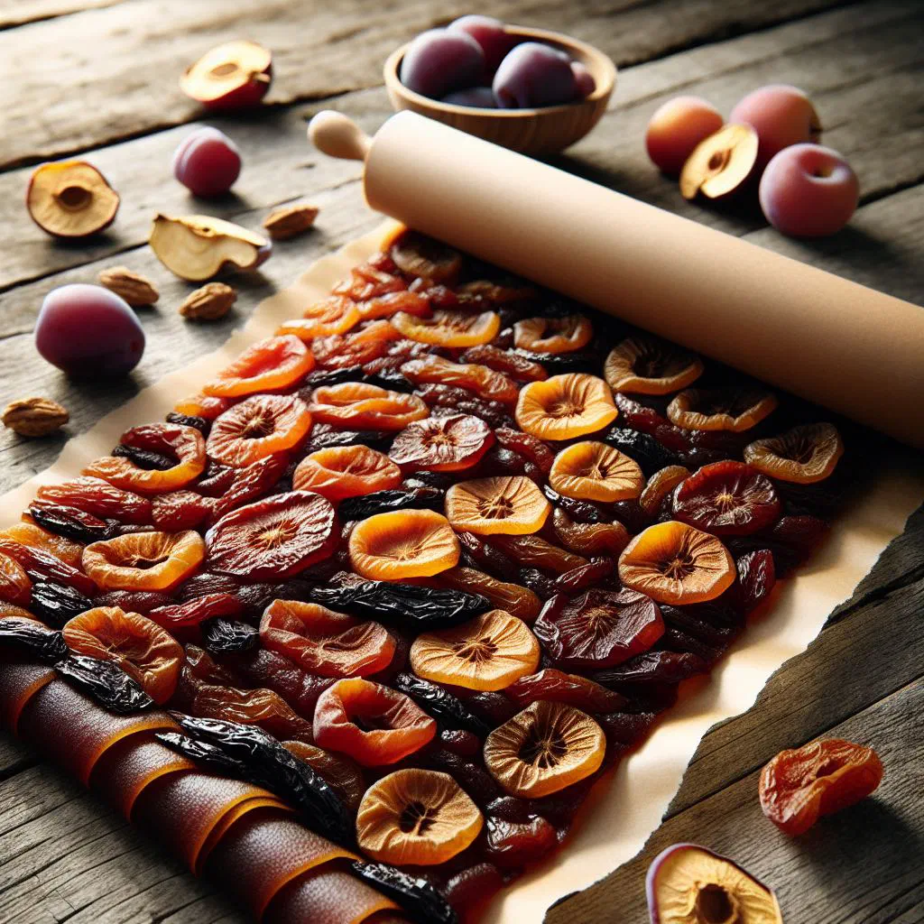 Rolled sheets of Georgian tklapi fruit leather on a wooden board