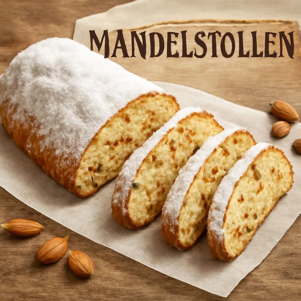 Sliced almond stollen dusted with icing sugar on a wooden board