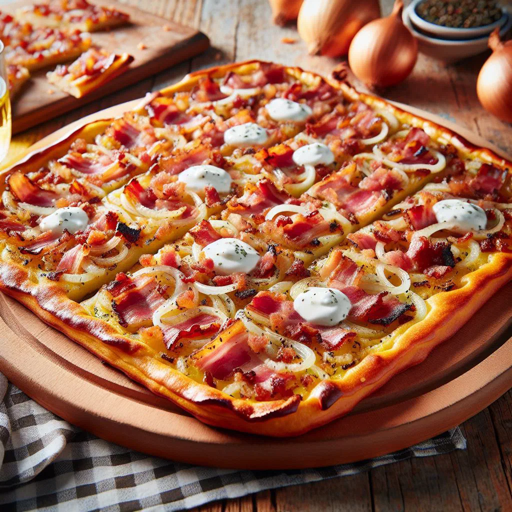 Crisp Alsatian tarte flambée topped with crème fraîche, onions and bacon