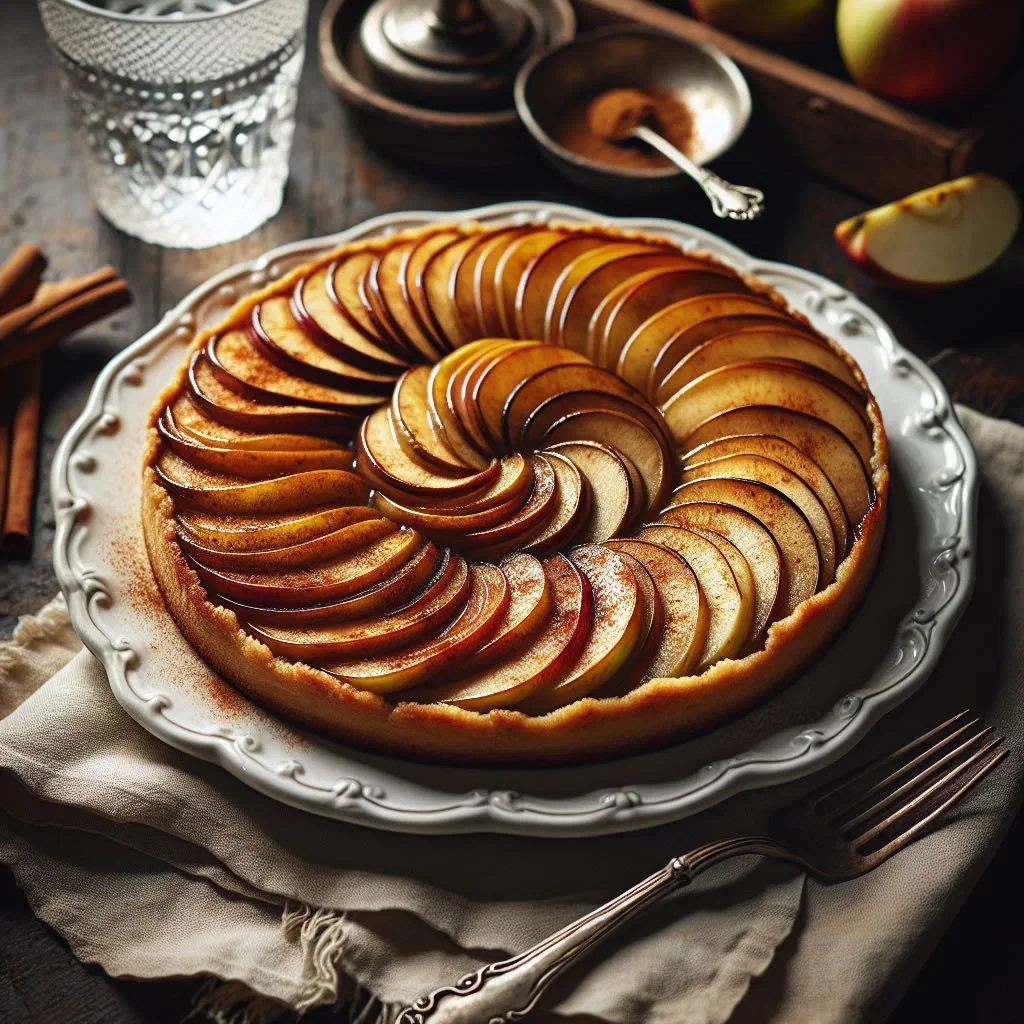 Golden German apple cake dusted with icing sugar