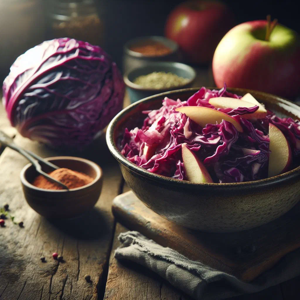 Braised red cabbage with apples served in a bowl