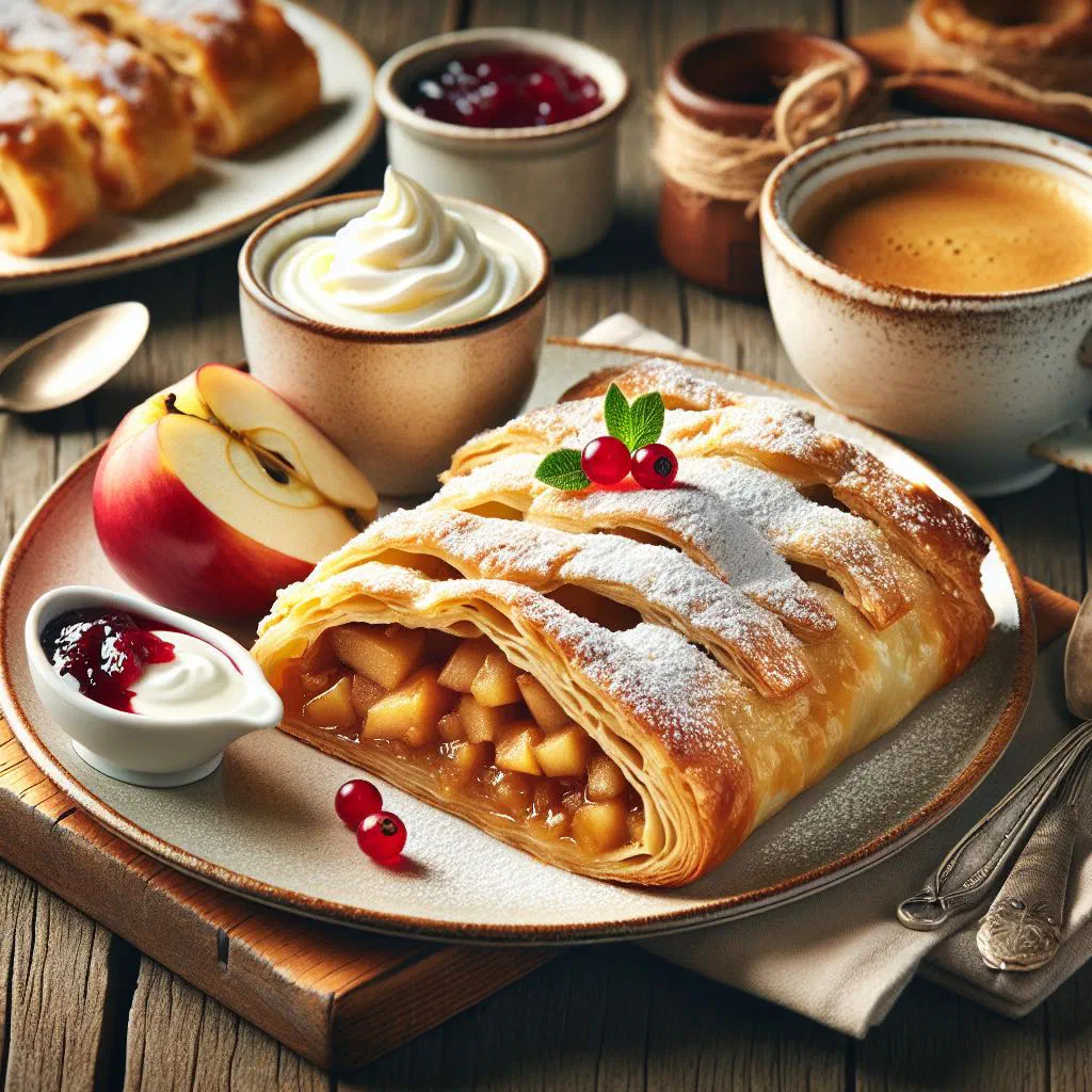 Sliced apple strudel dusted with icing sugar on a plate