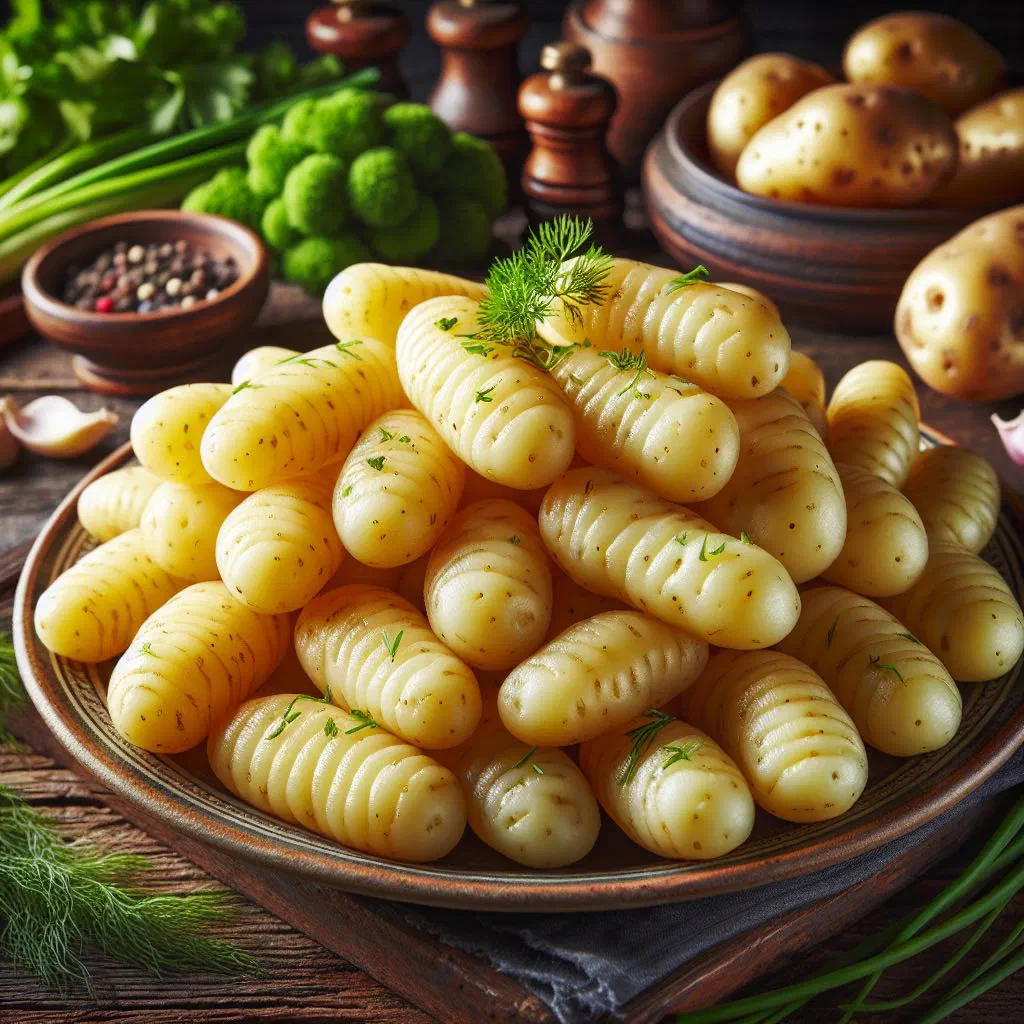 Hand-shaped Franconian potato dumplings on a plate with herbs and gravy