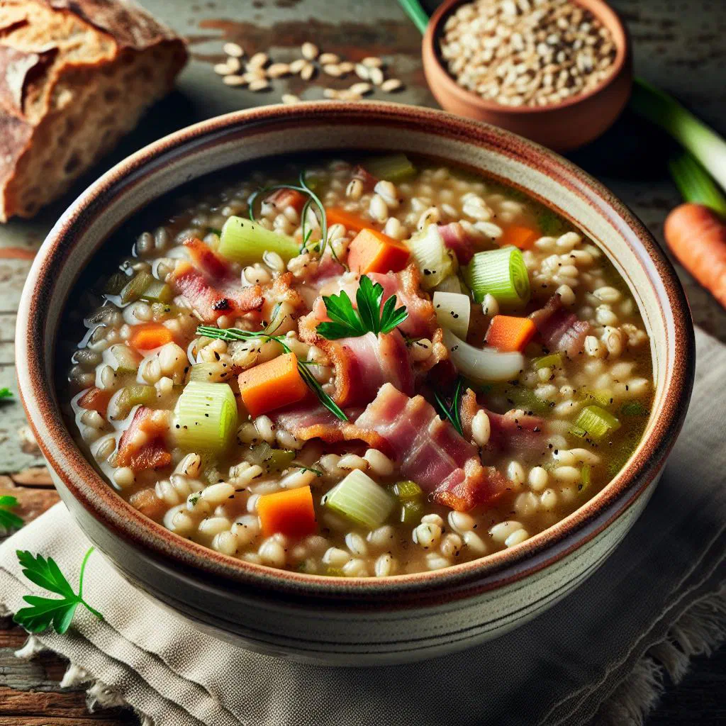 A warming bowl of German barley soup with carrots, celery and parsley