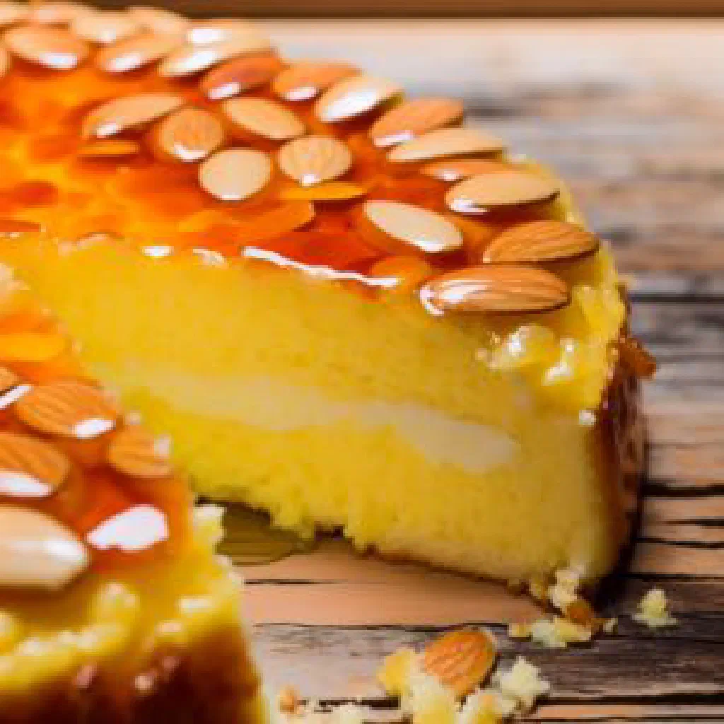 Slice of bee sting cake with vanilla cream filling and a caramelised almond topping