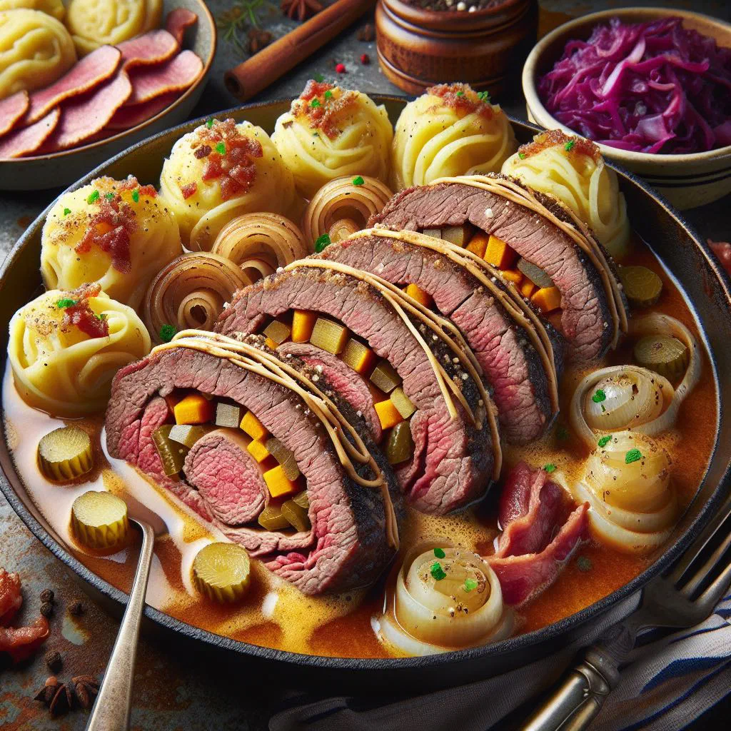 Beef roulades in rich gravy served with red cabbage and potatoes
