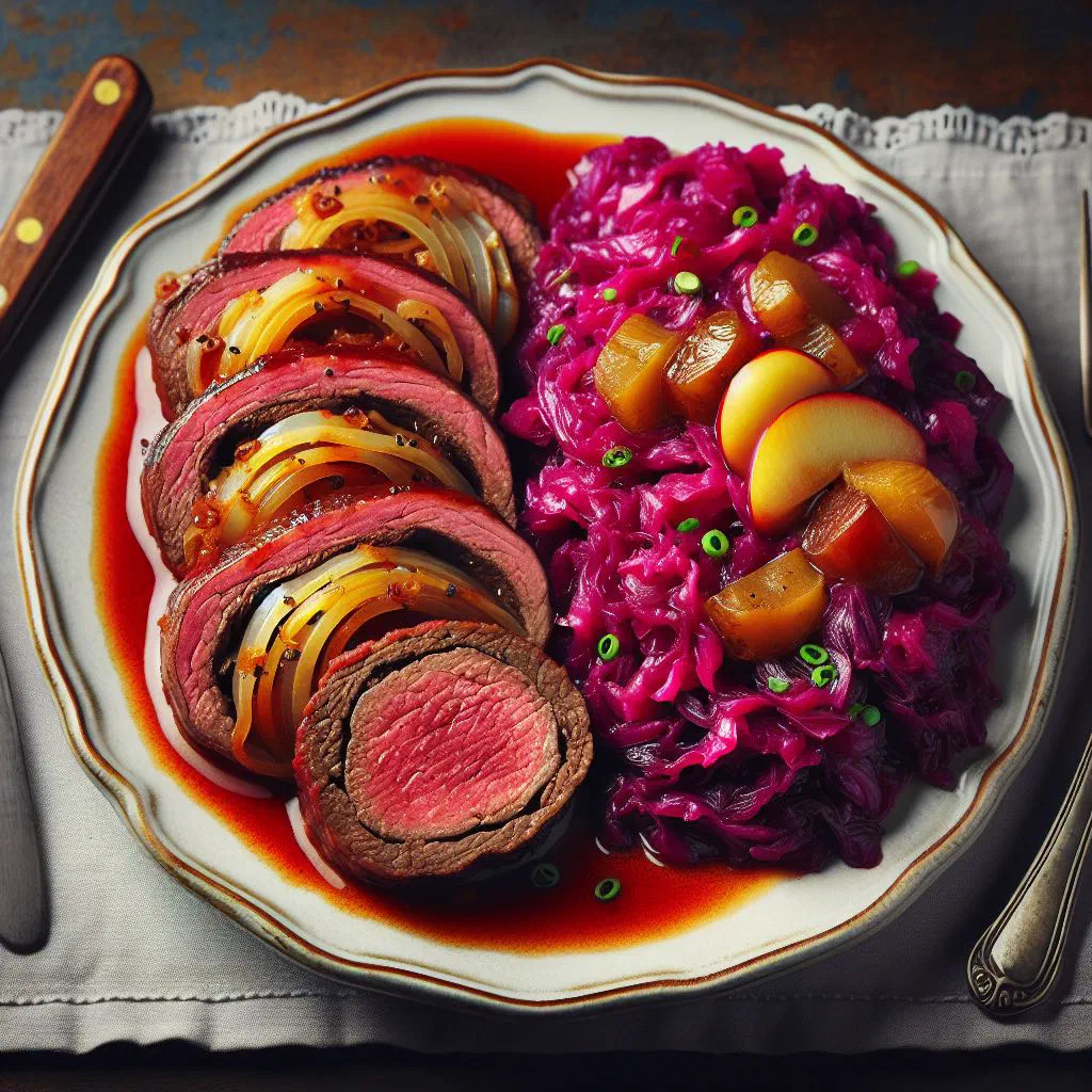 Beef roulades in rich gravy served with red cabbage and potato dumplings