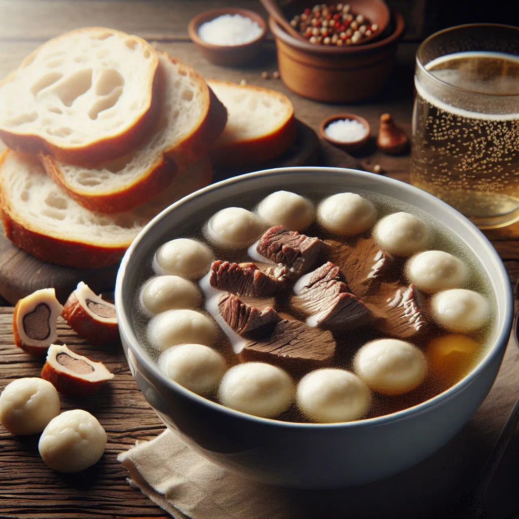 Clear beef soup with marrow dumplings, carrots and chopped parsley in a deep bowl