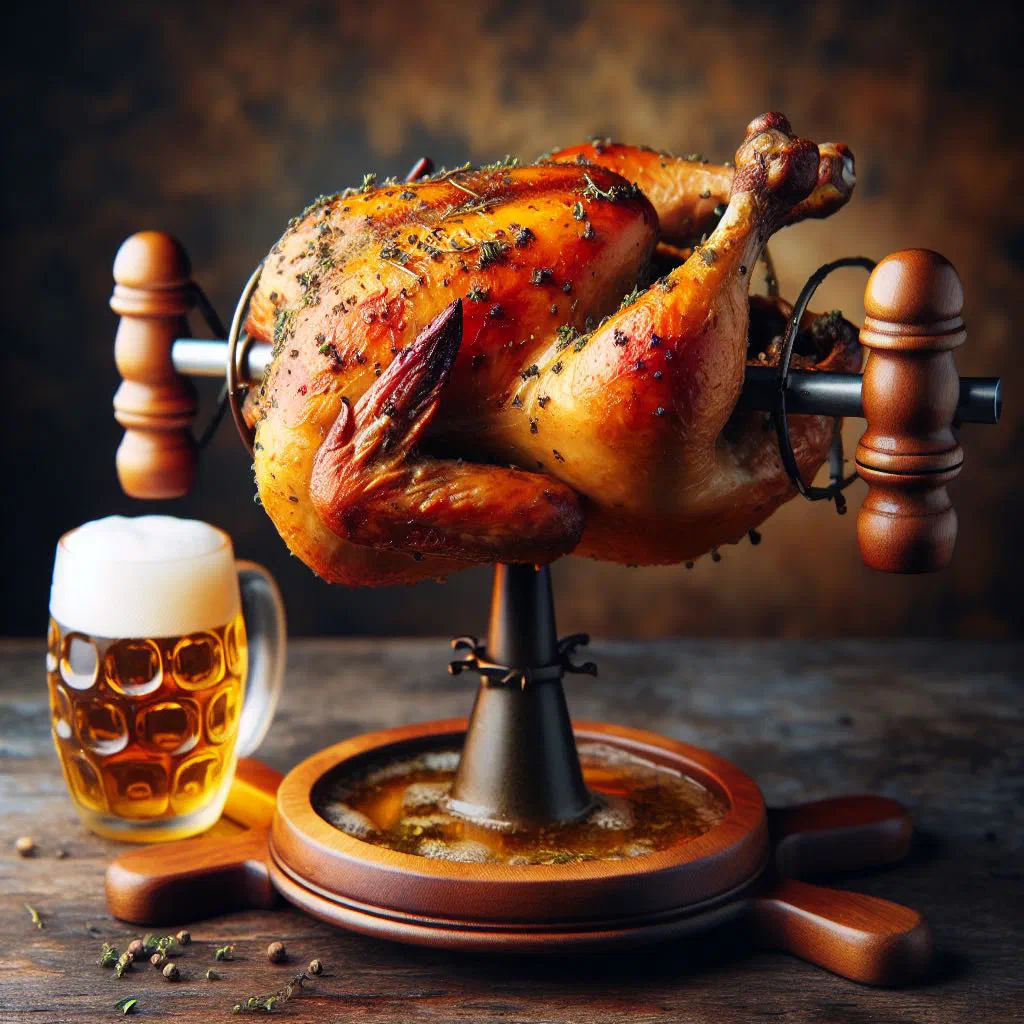 Golden roasted beer chicken garnished with fresh herbs