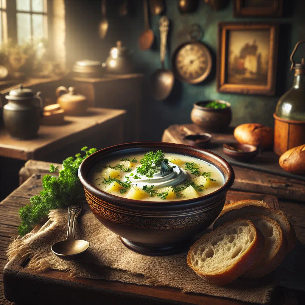 A bowl of creamy Berlin potato soup garnished with fresh herbs