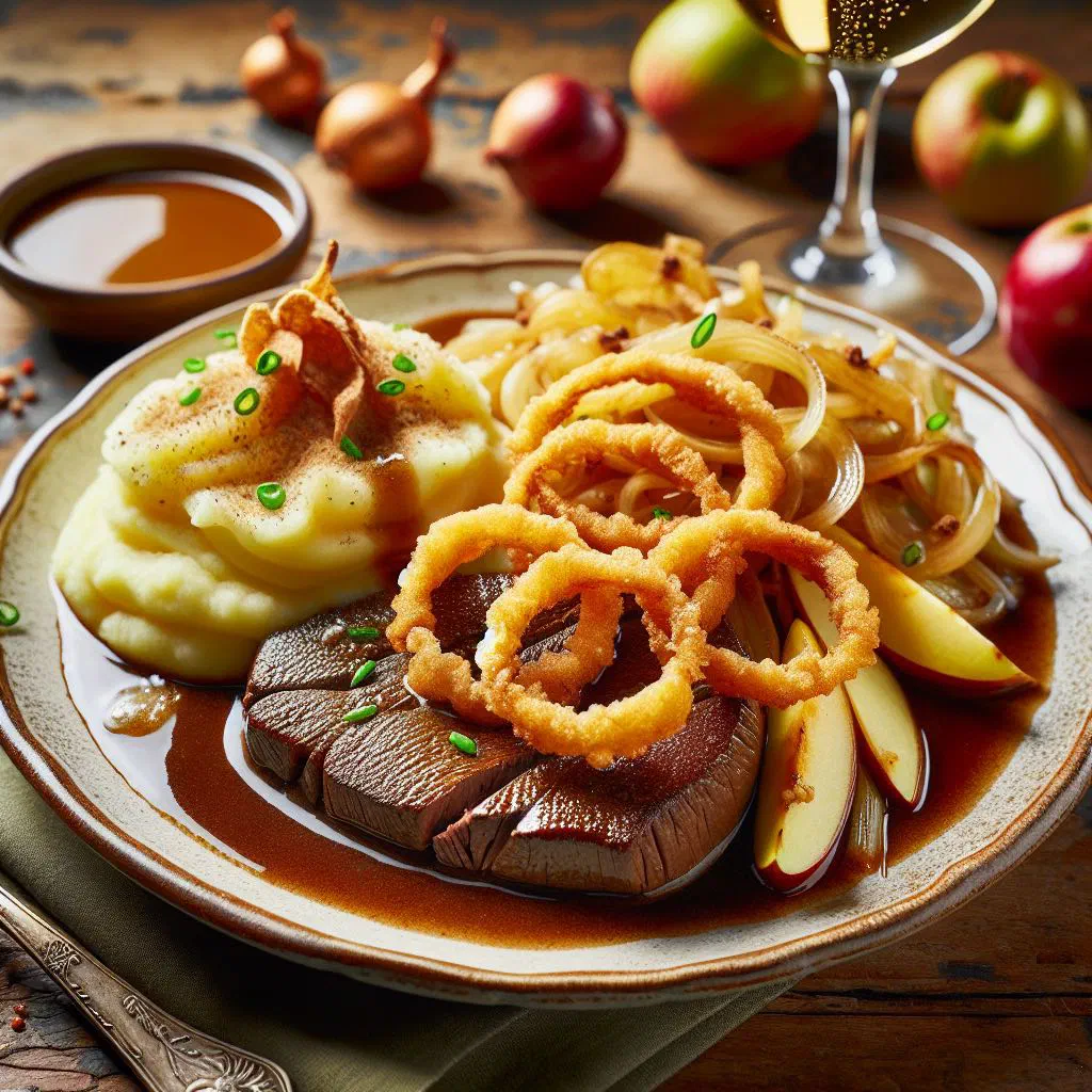 Pan-fried calf's liver topped with golden onions and apple slices
