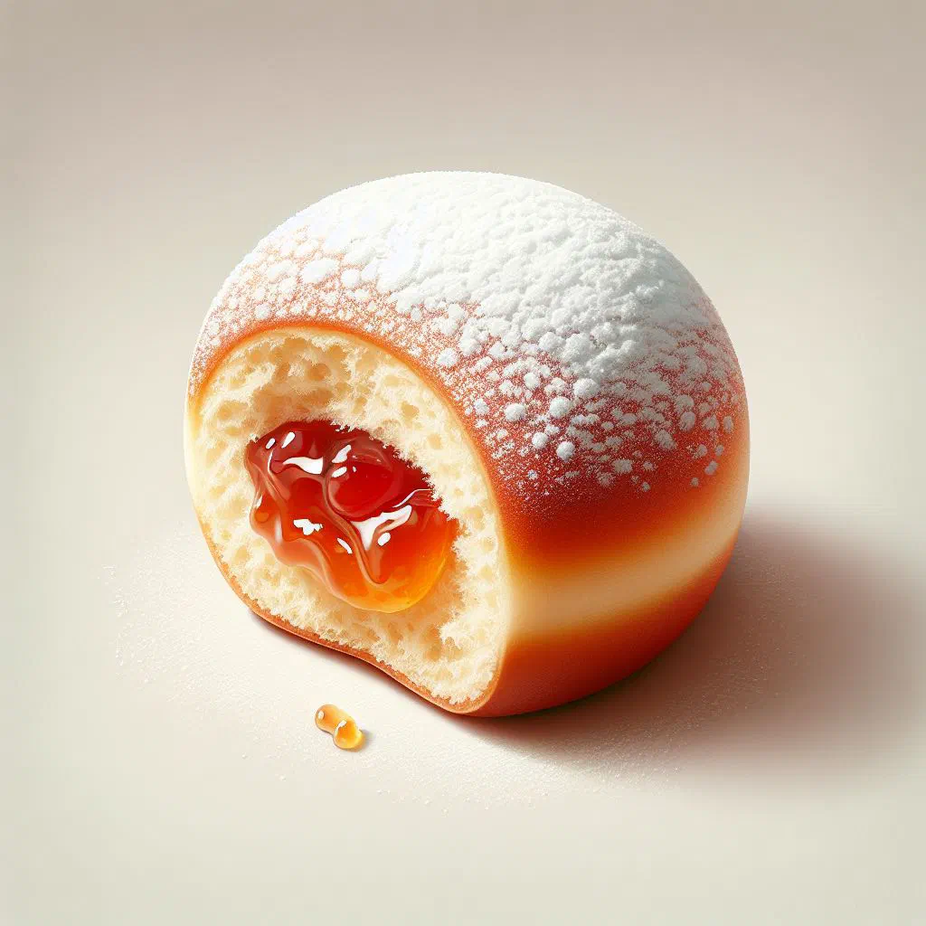 Golden Berliner doughnuts dusted with sugar and filled with jam