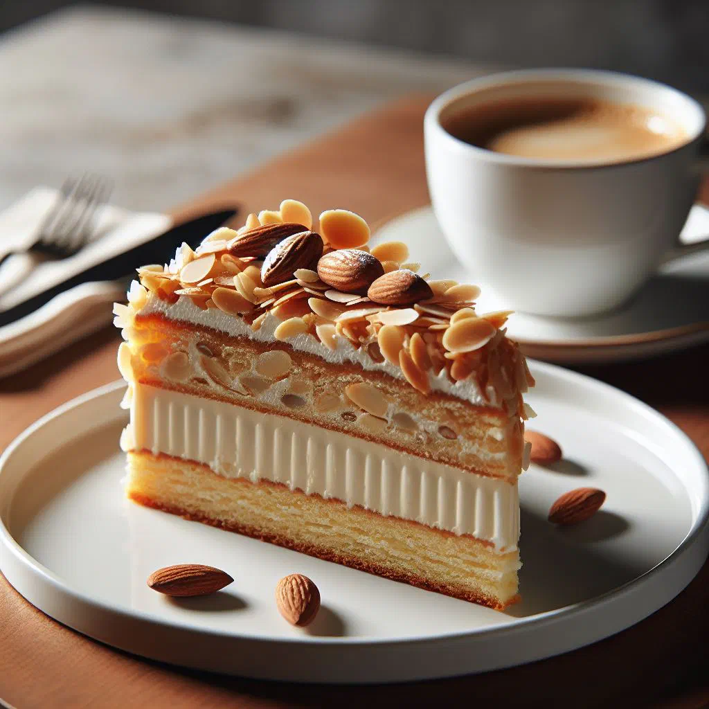 Bienenstich slice with caramelised almond topping and vanilla custard filling