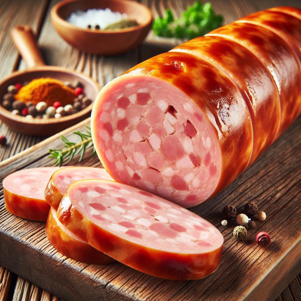 Sliced Bierwurst sausage served on a rustic wooden board