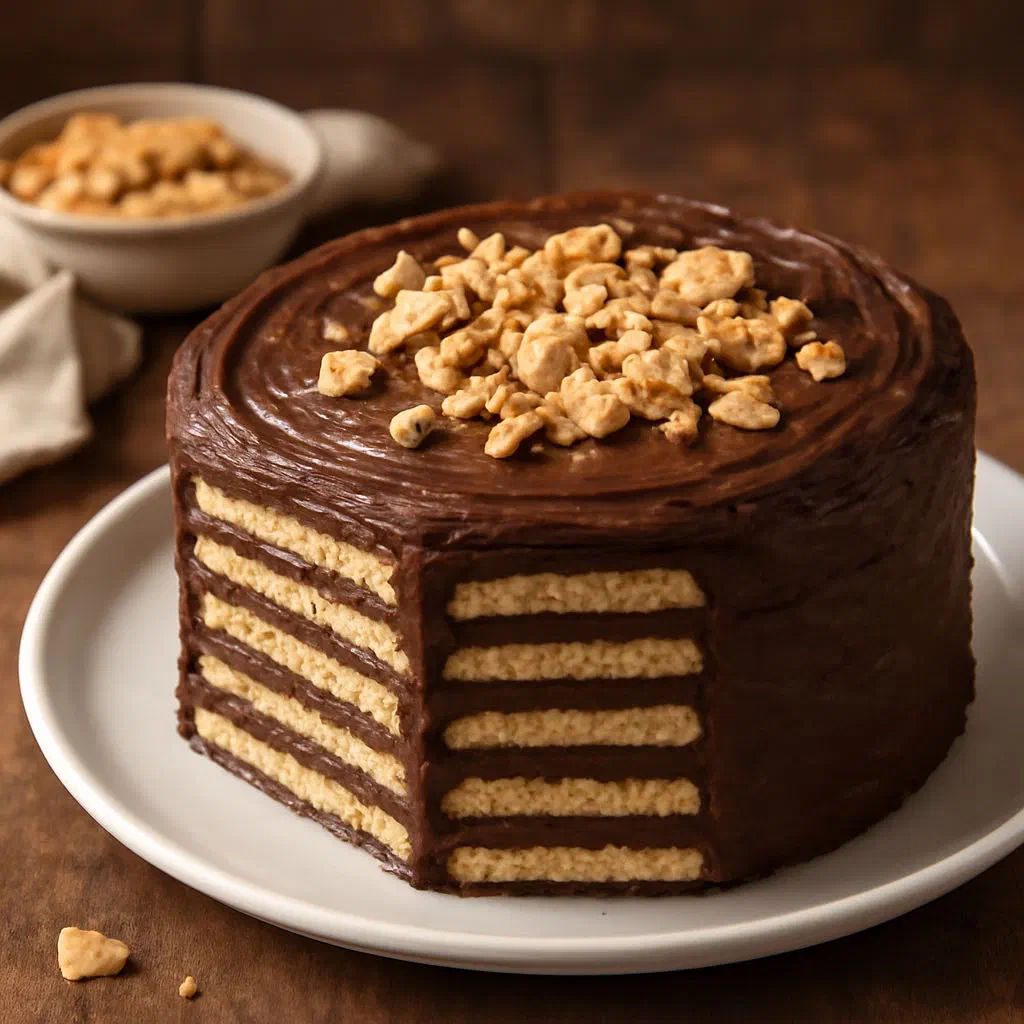 Sliced no-bake biscuit cake layered with pudding cream and dusted with cocoa