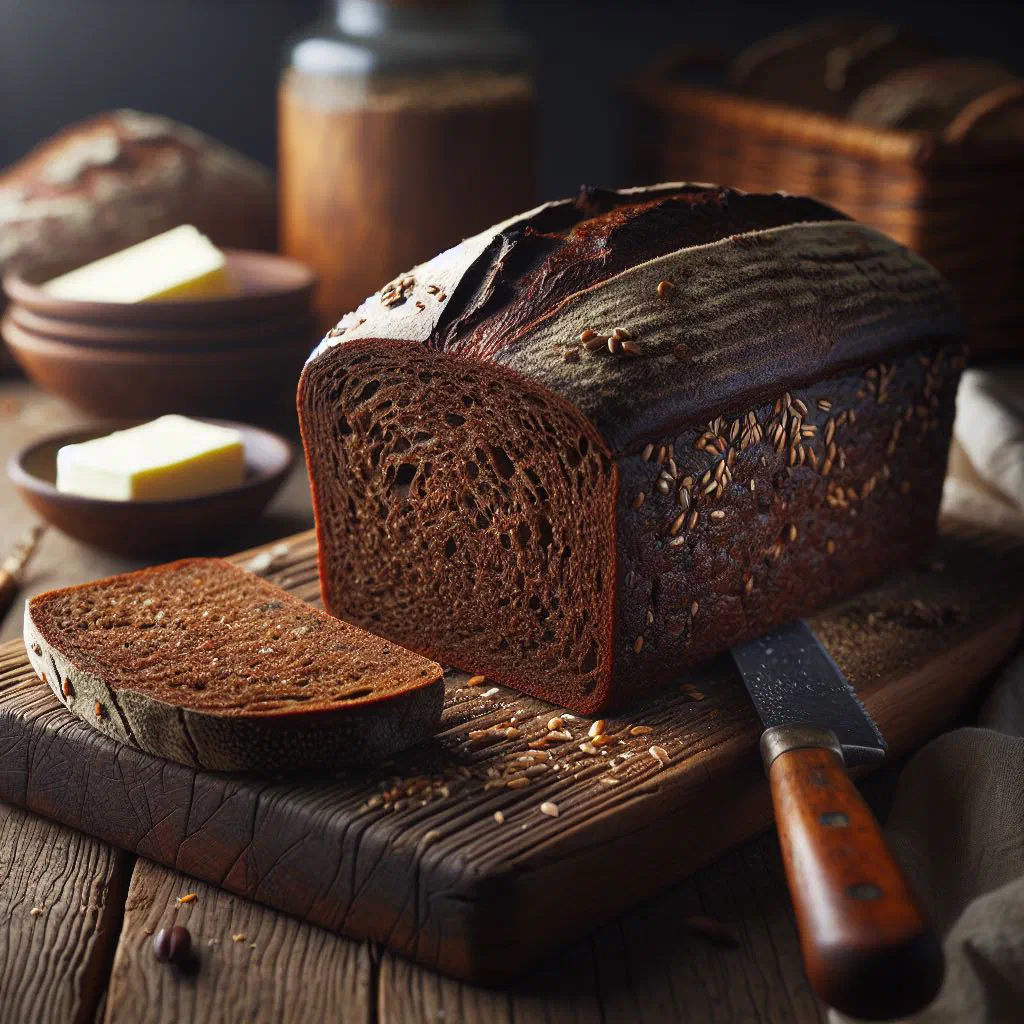 Dark loaf of German black bread with a crisp crust, sliced on a wooden board