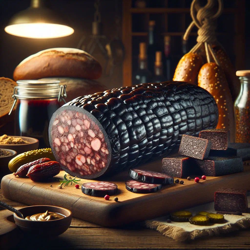 Sliced German blood sausage served with bread and mustard