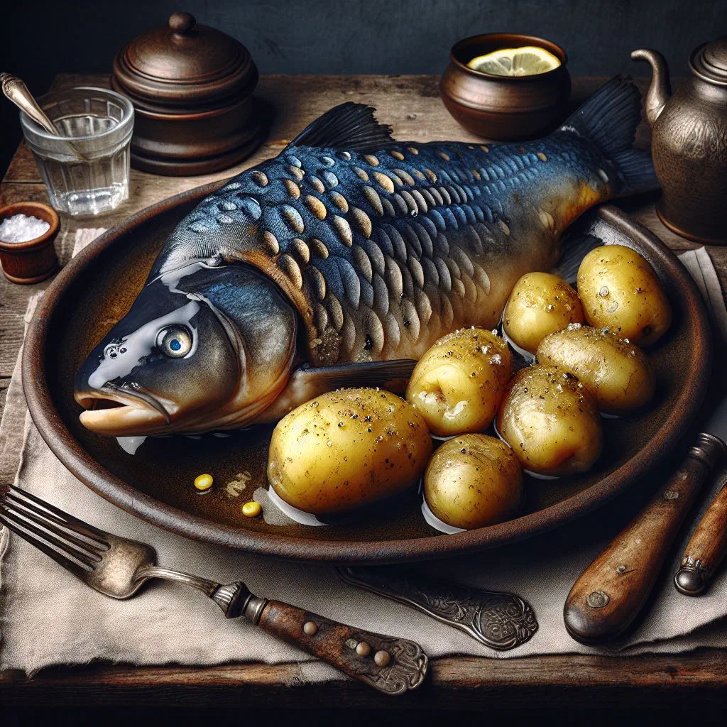Whole poached blue carp on a platter garnished with fresh parsley and lemon