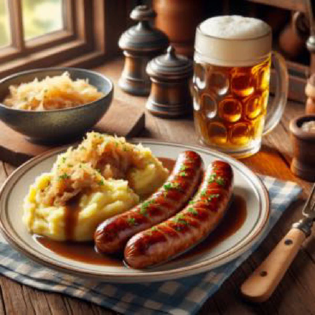 Bockwurst served with a bread roll and a dollop of mustard