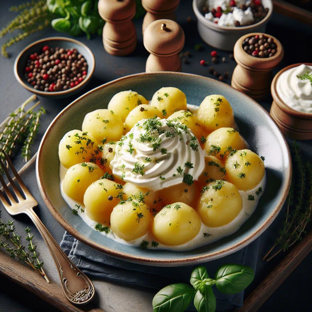 Boiled potatoes served with a bowl of creamy quark and fresh chives