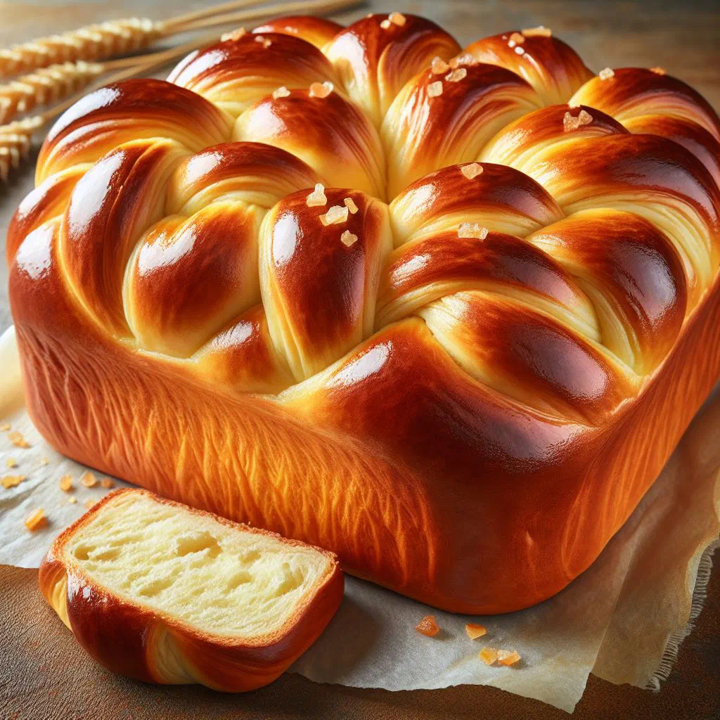 Golden braided sweet bread brushed with egg and sprinkled with pearl sugar