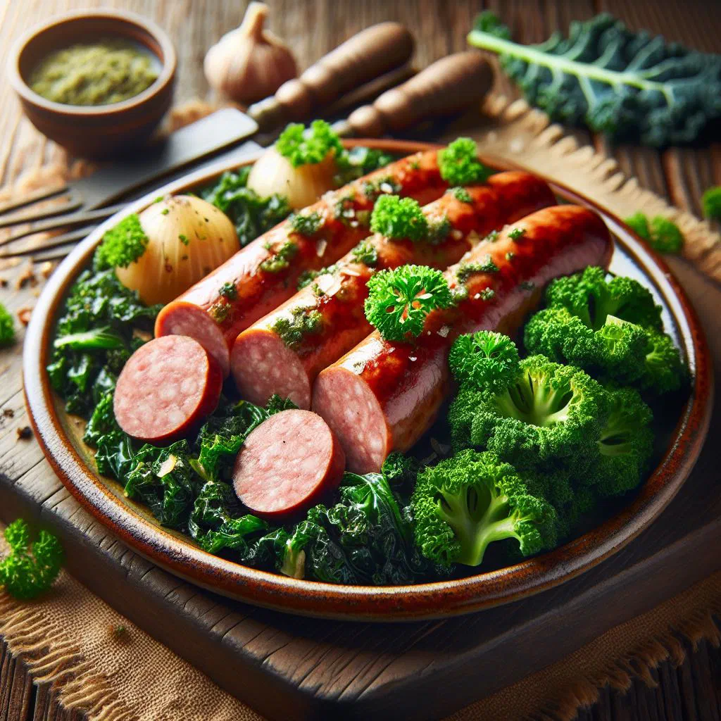 Sliced Bregenwurst sausage served on a bed of cooked kale with potatoes