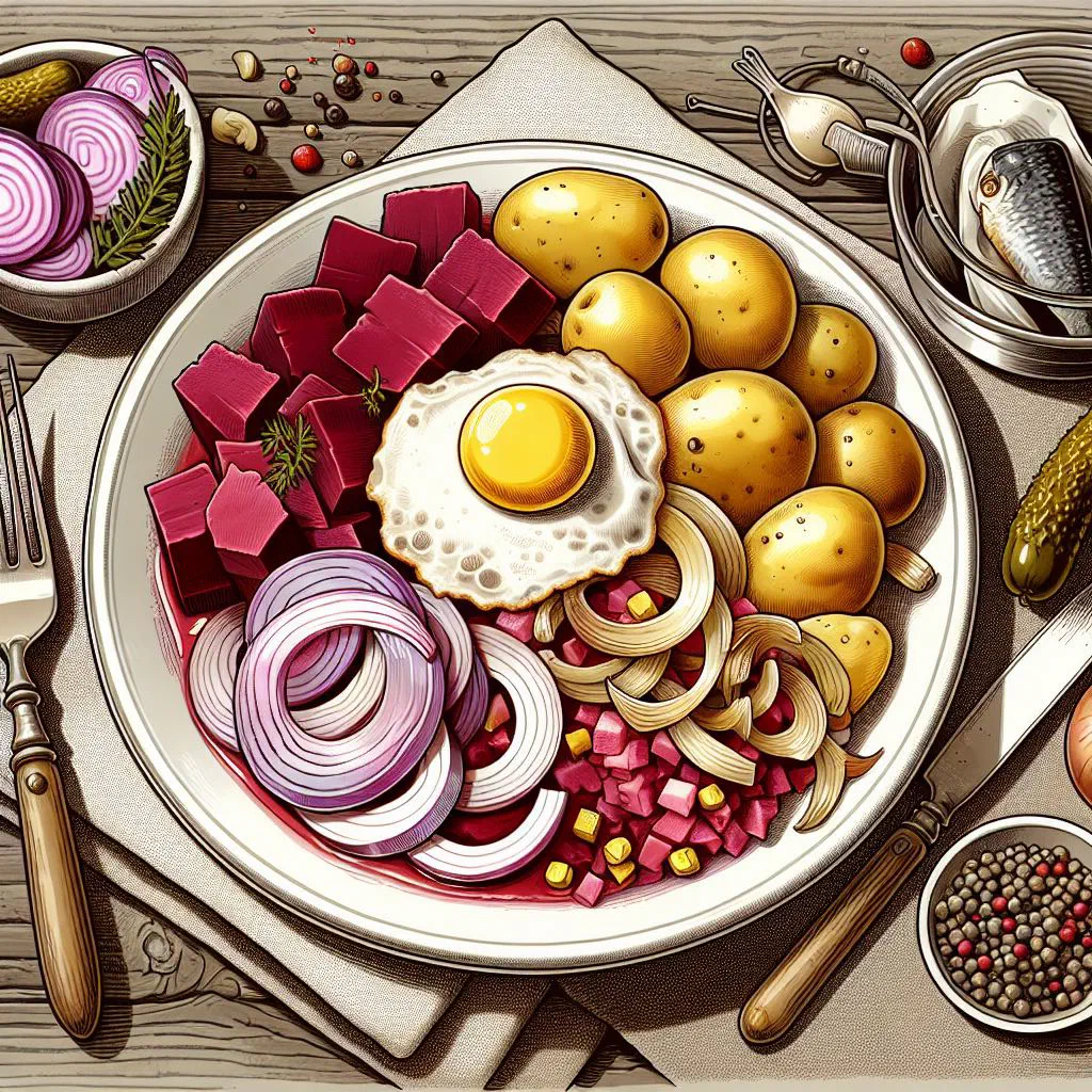 Bremen labskaus topped with a fried egg, served with rollmop herring and beetroot