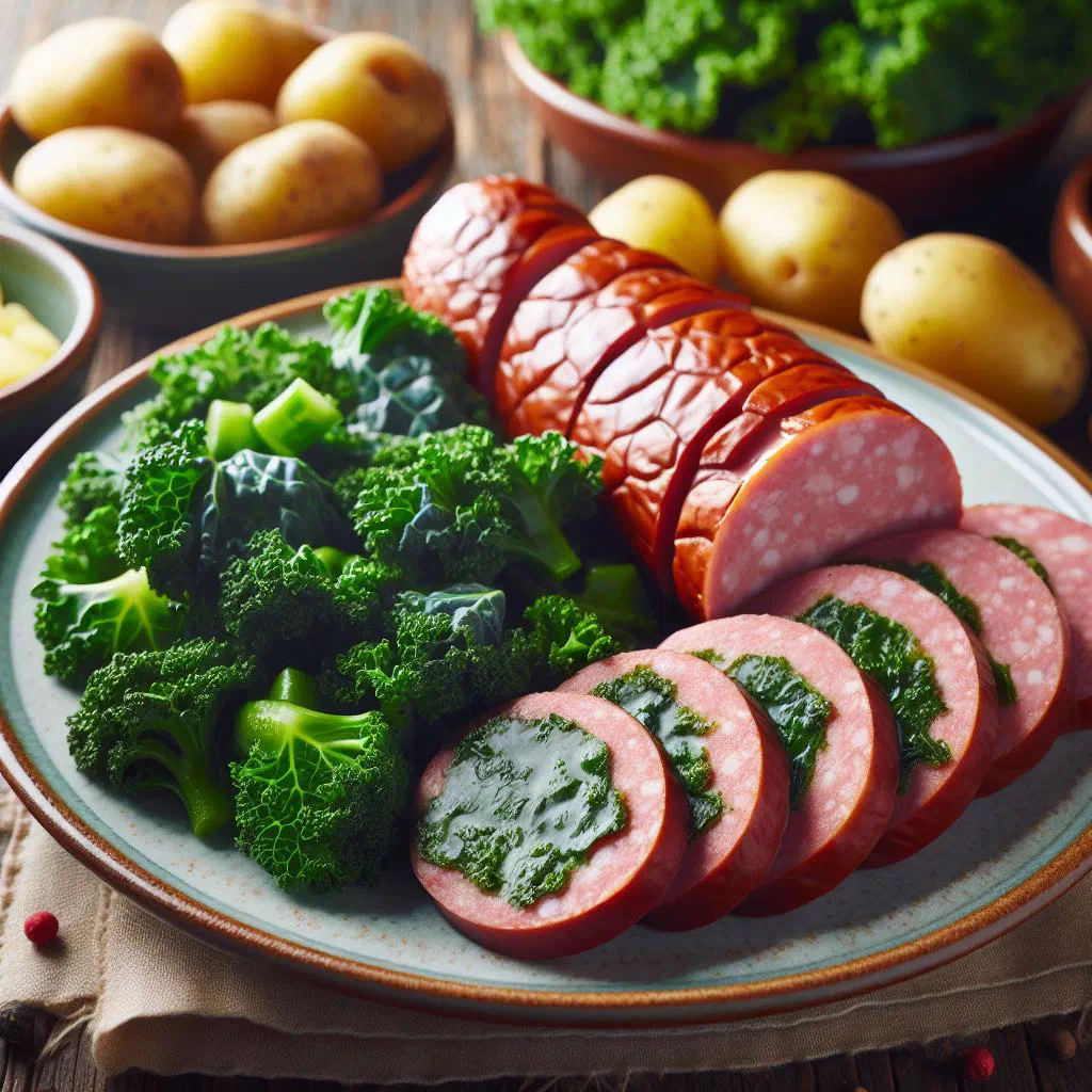 Bremen Pinkel sausages served on a bed of braised kale with boiled potatoes