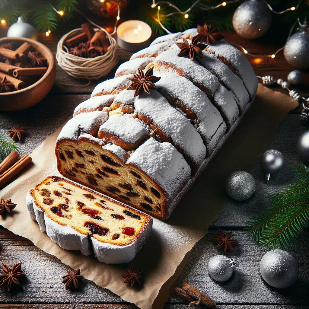 Sliced butter stollen dusted with icing sugar on a festive plate